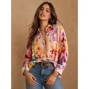 Figueroa & Flower Floral Patchwork Rayon Button Front Shirt Large